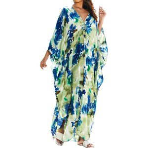 Women's Green & Blue V-neck Batwing Sleeve Flowy Split Hem Bohemian Kaftan Dress
